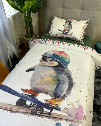 картинка Комплект постельного белья "Пингвин на скейте"